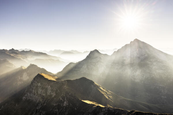 Foggy morning with view on Pizzo Arera and Prealpi Orobie. Serina valley,  Lombardy, Italy, Europe.