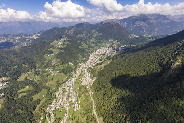 Aerial view of Serina. Serina valley, Prealpi Orobie, Lombardy, Italy, Europe.