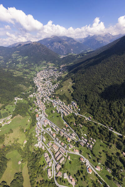 Aerial view of Serina. Serina valley, Prealpi Orobie, Lombardy, Italy, Europe.