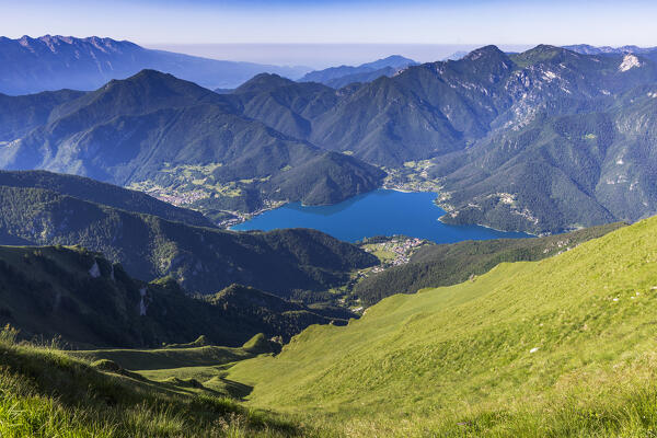 Ledro lake from Cima Pari. Alpi Ledrensi, Trento province, Trentino Alto Adige, Italy, Europe.