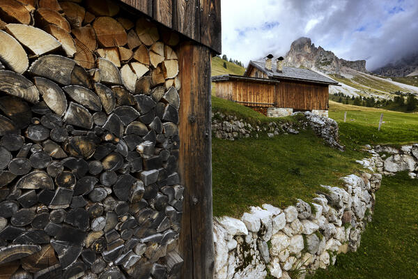 Traditional wooden cabin in Fuciade. San Pellegrino Pass, Dolomites, Trentino Alto Adige, Italy, Europe