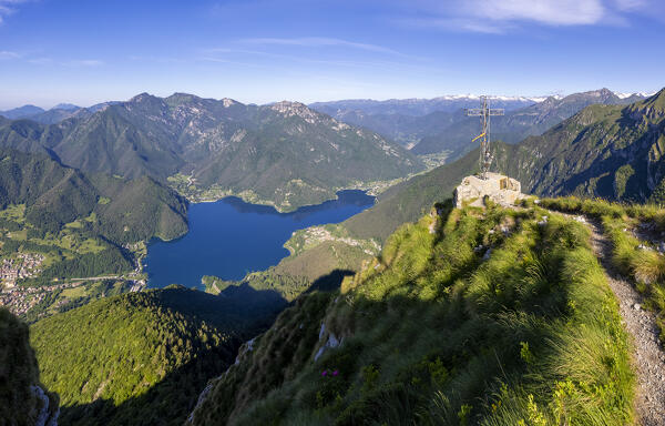 Panoramic view from Cima Oro to Ledro Lake and Alpi Ledrensi. Trento province, Trentino Alto Adige, Italy, Europe.