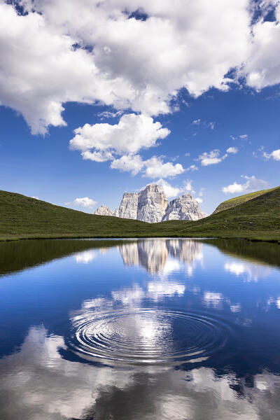 Water circles at Lago delle Baste with Monte Pelmo in the background. Altipiano of Mondeval, Giau pass, Cadore, Belluno province, Veneto, Italy, Europe.