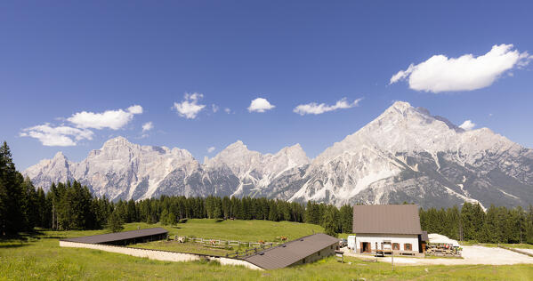 Panoramic view of Malga Ciauta with view on Antelao and Sorapis. San Vito di Cadore, Boite valley, Cadore, Belluno province, Veneto, Italy, Europe