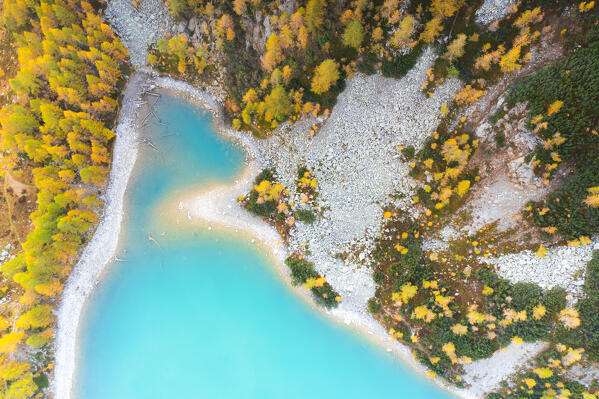 Zenithal aerial view of Lake Lagazzuolo in autumn. Valmalenco, Valtellina, Lombardy, Italy, Europe.