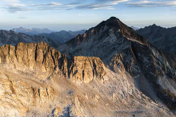 Aerial view of Monte del Forno at sunrise. Chiareggio valley, Valmalenco, Valtellina, Lombardy, Italy, Europe.