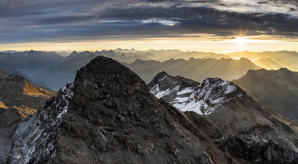 Panoramic aerial view of Pizzo Scalino at sunrise. Valmalenco, Valtellina, Lombardy, Italy, Europe.