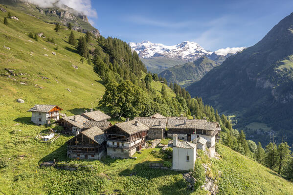 Aerial view of Alpenzu Grande village with view on Monte Rosa group. Gressoney, Lys valley(Valle del Lys), Aosta province, Aosta valley, Italy, Europe.