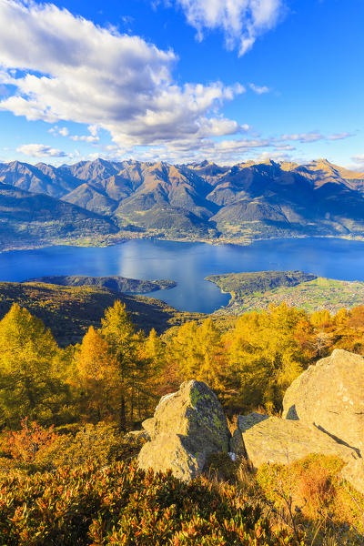 Panorama from the top of Legnoncino during autumn. Mount Legnoncino, Varrone Valley, Lombardy, Italy.