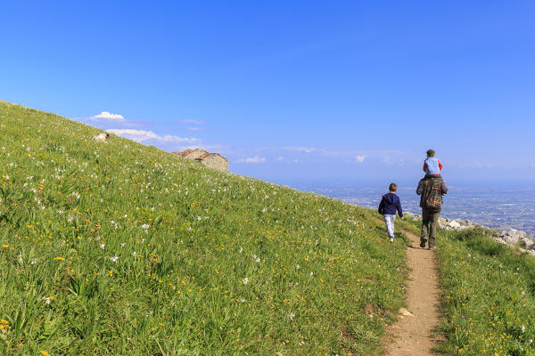 Family with children walk on a path. Valico di Valcava(Valcava Pass), Val San Martino, Bergamo province, Prealpi Bergamasche,  Lombardy, Italy.