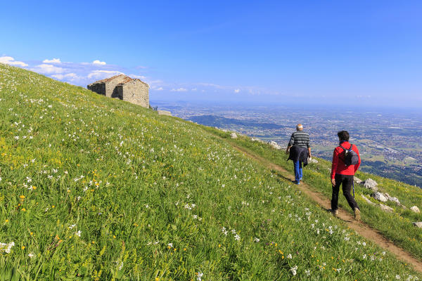 Two people walks on a path. Valico di Valcava(Valcava Pass), Val San Martino, Bergamo province, Prealpi Bergamasche, Lombardy, Italy.