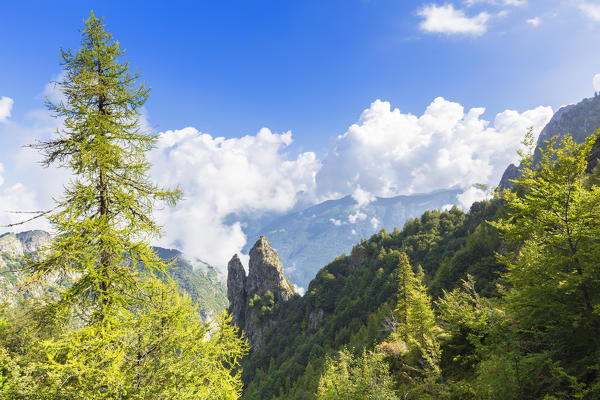 Frate and Monaca Pinnacles in the Grigne group.  Grigna Settentrionale(Grignone), Northern Grigna Regional Park, Lombardy, Italy, Europe.