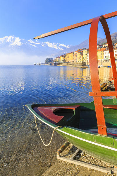 Traditional boat (Lucia) of Como Lake moored in front of Domaso, Como Lake, Lombardy, Italy, Europe.