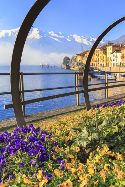 Colored flowers in bloom on a traditional Como Lake boat(Lucia). Domaso, Como Lake, Lombardy, Italy, Europe.