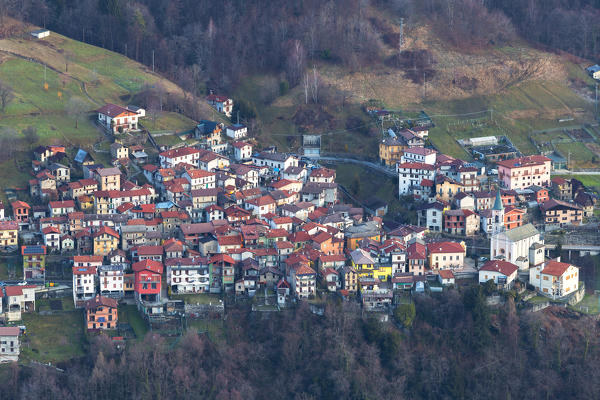 Village of Germasino from above. San Bernardo Church, Monte Bregagno, Dongo, Como Lake, Lombardy, Italy, Europe.