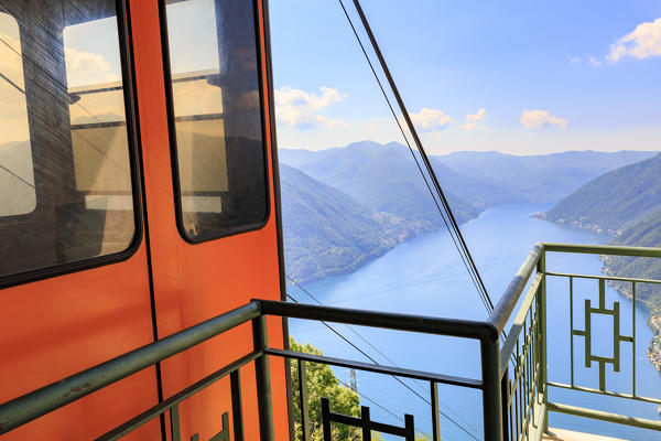 Pigra cable car in an elevated position above Como Lake. Pigra, Val d'Intelvi, Como Lake, Lombardy, Italy, Europe.