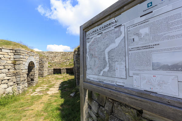 Information sign to the armored landing of Alpe Colonno, Pigra, Val d'Intelvi, Como Lake, Lombardy, Italy, Europe.