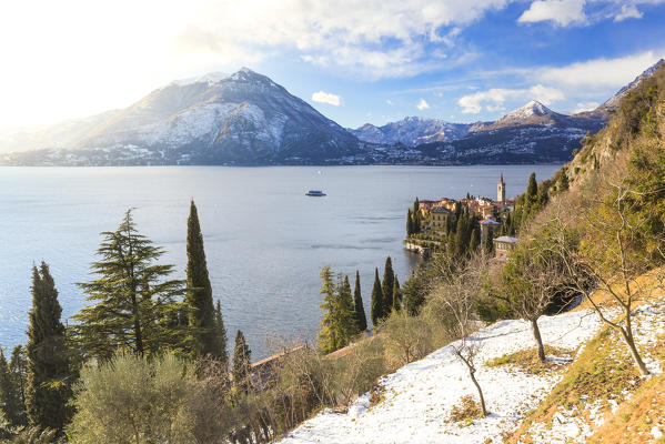 Village of Varenna from olive field after a snowfall. Como Lake, Lombardy, Italy, Europe.