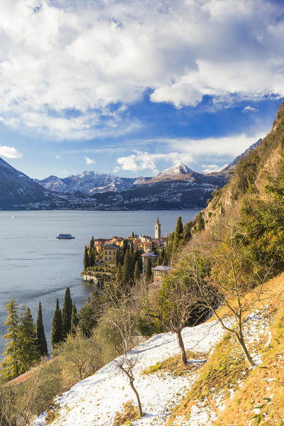 Village of Varenna from olive field after a snowfall. Como Lake, Lombardy, Italy, Europe.