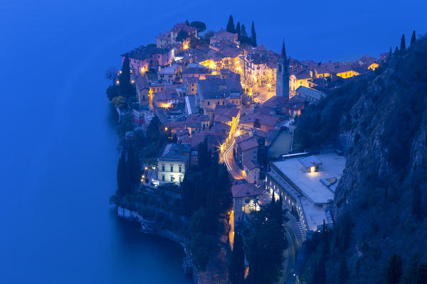 Village of Varenna from above at dusk. Como Lake, Lombardy, Italy, Europe.