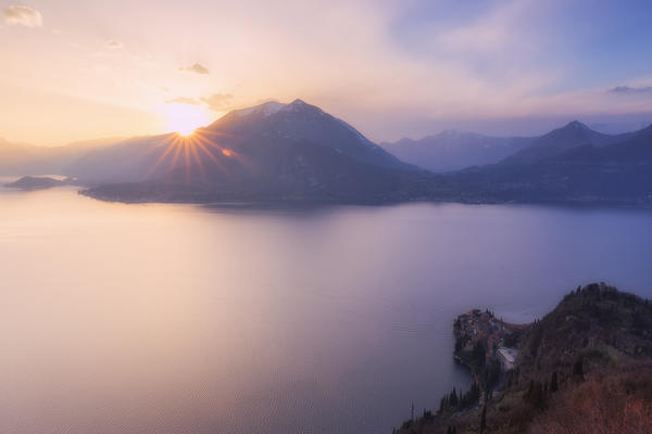 Sunset over the village of Varenna, Como Lake, Lombardy, Italy, Europe.