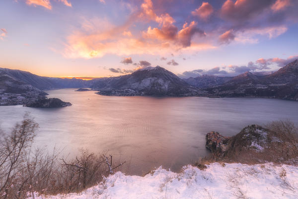 Winter sunset over the village of Varenna, Como Lake, Lombardy, Italy, Europe.