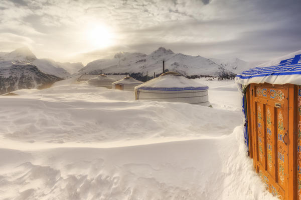 Winter blizzard at Mongolian tent at Alp Flix, Sur, Surses, Parc Ela, Region of Albula, Canton of Graubünden, Switzerland, Europe.