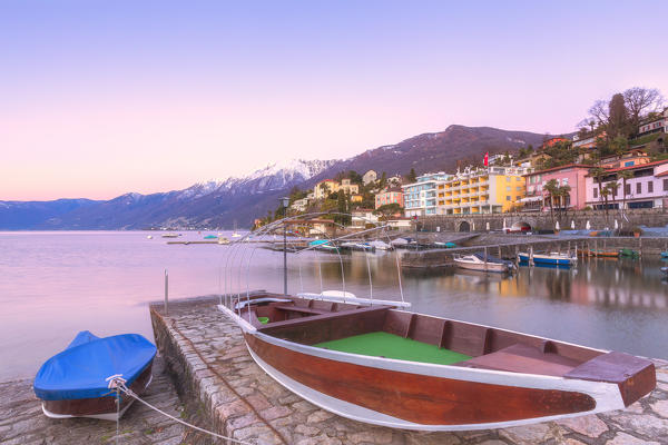 Typical boat moored at the touristic harbour of Ascona, Lake Maggiore(Verbano), Canton of Ticino, Switzerland, Europe.