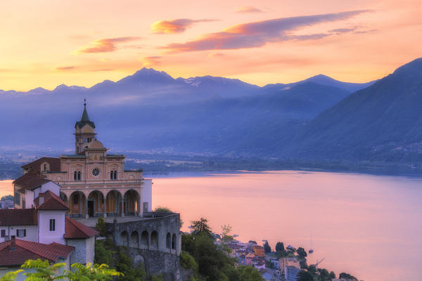 Sunrise at the Sanctuary of Madonna del Sasso, Orselina, Locarno, Lake Maggiore, Canton of Ticino, Switzerland, Europe.