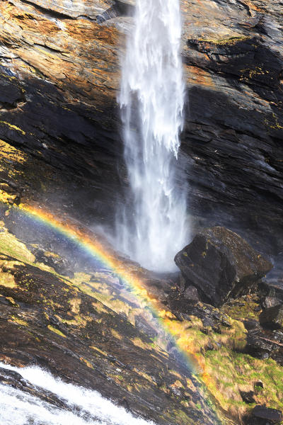 Raimbow at the Cascata della Trosa(Trosa waterfall). Valle di Peccia, Val Lavizzara, Valle Maggia, Canton of Ticino, Switzerland, Europe.