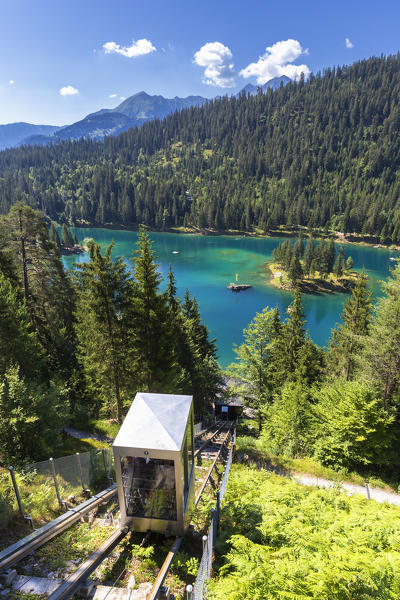 Touristic funicular above the Caumasee, Flims, District of Imboden, Canton of Grisons, Switzerland, Europe