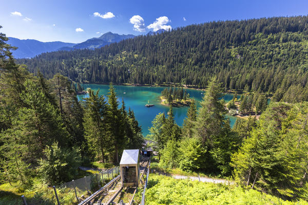 Touristic funicular above the Caumasee, Flims, District of Imboden, Canton of Grisons, Switzerland, Europe