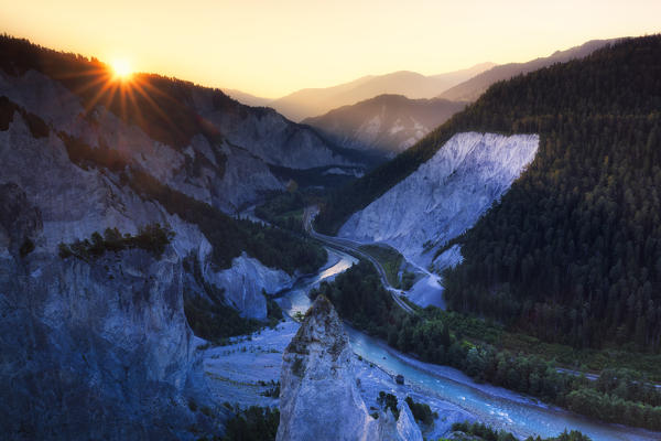 Sunrise from above at Rhine Gorge(Ruinaulta), Flims, District of Imboden, Canton of Grisons, Switzerland, Europe