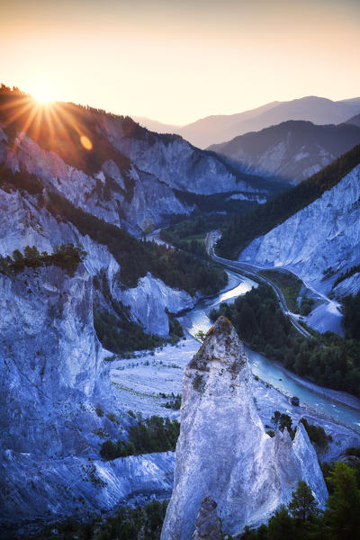 Sunrise from above at Rhine Gorge(Ruinaulta), Flims, District of Imboden, Canton of Grisons, Switzerland, Europe