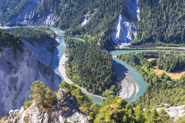 Red train travel in the Rhine Gorge(Ruinaulta), Flims, District of Imboden, Canton of Grisons, Switzerland, Europe