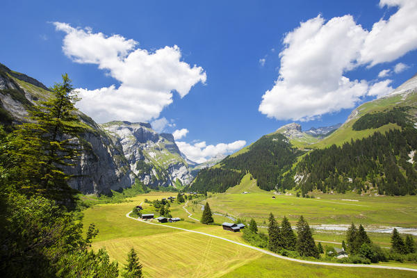 Elevated view of Val Bargis valley in the summer. Flims, District of Imboden, Canton of Grisons, Switzerland, Europe