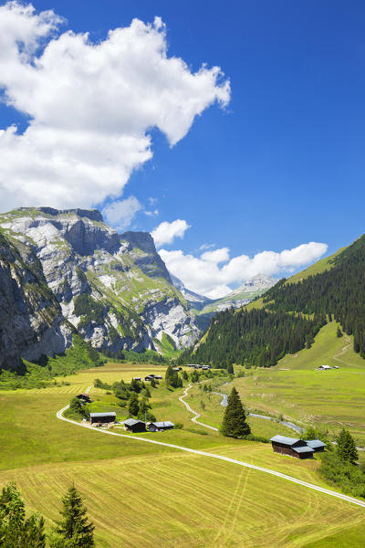 Elevated view of Val Bargis valley in the summer. Flims, District of Imboden, Canton of Grisons, Switzerland, Europe