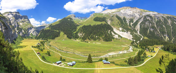 Panoramic view of Val Bargis valley from above.  Flims, District of Imboden, Canton of Grisons, Switzerland, Europe