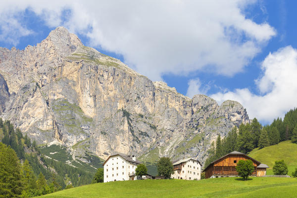 Traditional houses of Dolomites. Colfosco, Badia Valley, South Tyrol, Dolomites, Italy, Europe.