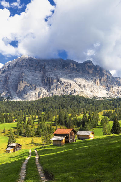 Huts of Prati Armentara with Sasso della Croce in the background. La Valle/La Val/Wengen Badia Valley, South Tyrol, Dolomites, Italy, Europe.