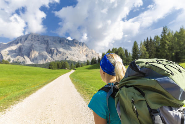 Hiker looks track with Sasso della Croce in the background. La Valle/La Val/Wengen Badia Valley, South Tyrol, Dolomites, Italy, Europe. (MR)