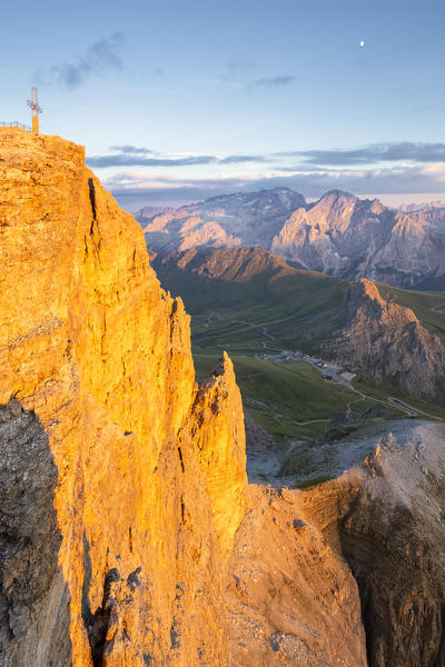 Sunset from Piz Pordoi with Marmolada in the background. Fassa Valley, Trentino, Dolomites, Italy, Europe.