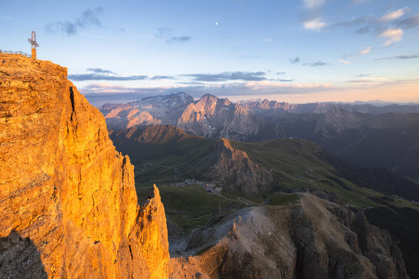 Sunset from Piz Pordoi with Marmolada in the background. Fassa Valley, Trentino, Dolomites, Italy, Europe.