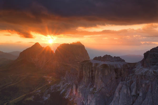 Stunning sunset on Sassolungo group. Fassa Valley, Trentino, Dolomites, Italy, Europe.