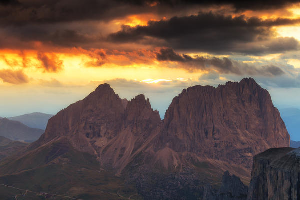 Stunning sunset on Sassolungo group. Fassa Valley, Trentino, Dolomites, Italy, Europe.