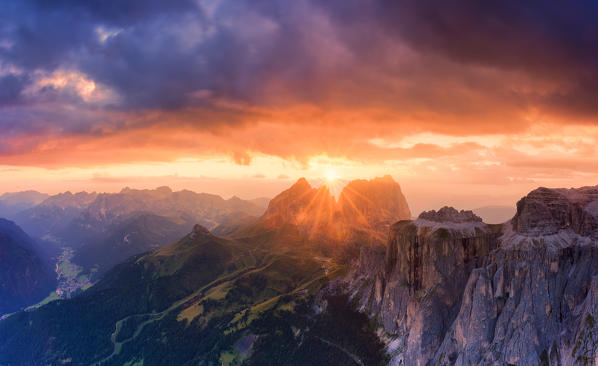 Stunning sunset on Sassolungo group. Fassa Valley, Trentino, Dolomites, Italy, Europe.