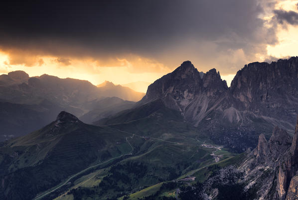 Storm during sunset in the Sassolungo group. Fassa Valley, Trentino, Dolomites, Italy, Europe.