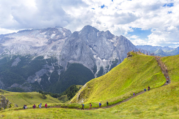 Hikers walks on Viel del Pan Path near Pordoi Pass, Fassa Valley, Trentino, Dolomites, Italy, Europe.