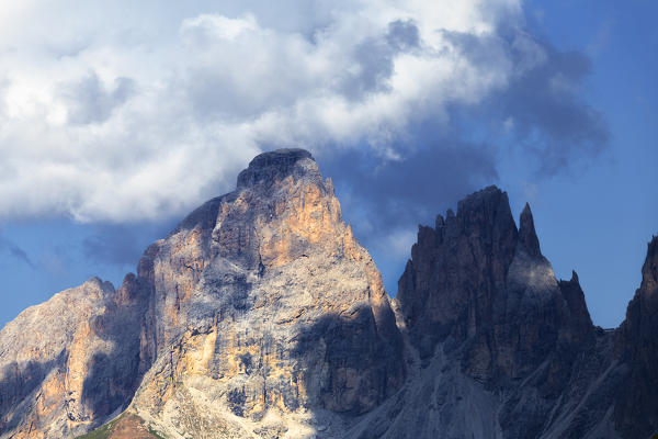 Punta Grohmann and Cinque Dita peak. Sassolungo Group, Fassa Valley, Trentino, Dolomites, Italy, Europe.