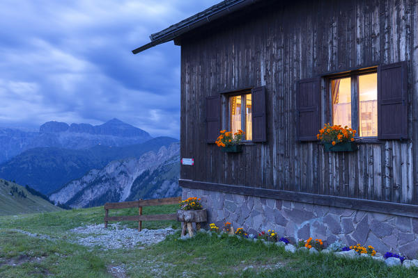 Dusk at Passo San Nicolò Refuge, San Nicolò Pass, Fassa Valley, Trentino, Dolomites, Italy, Europe.